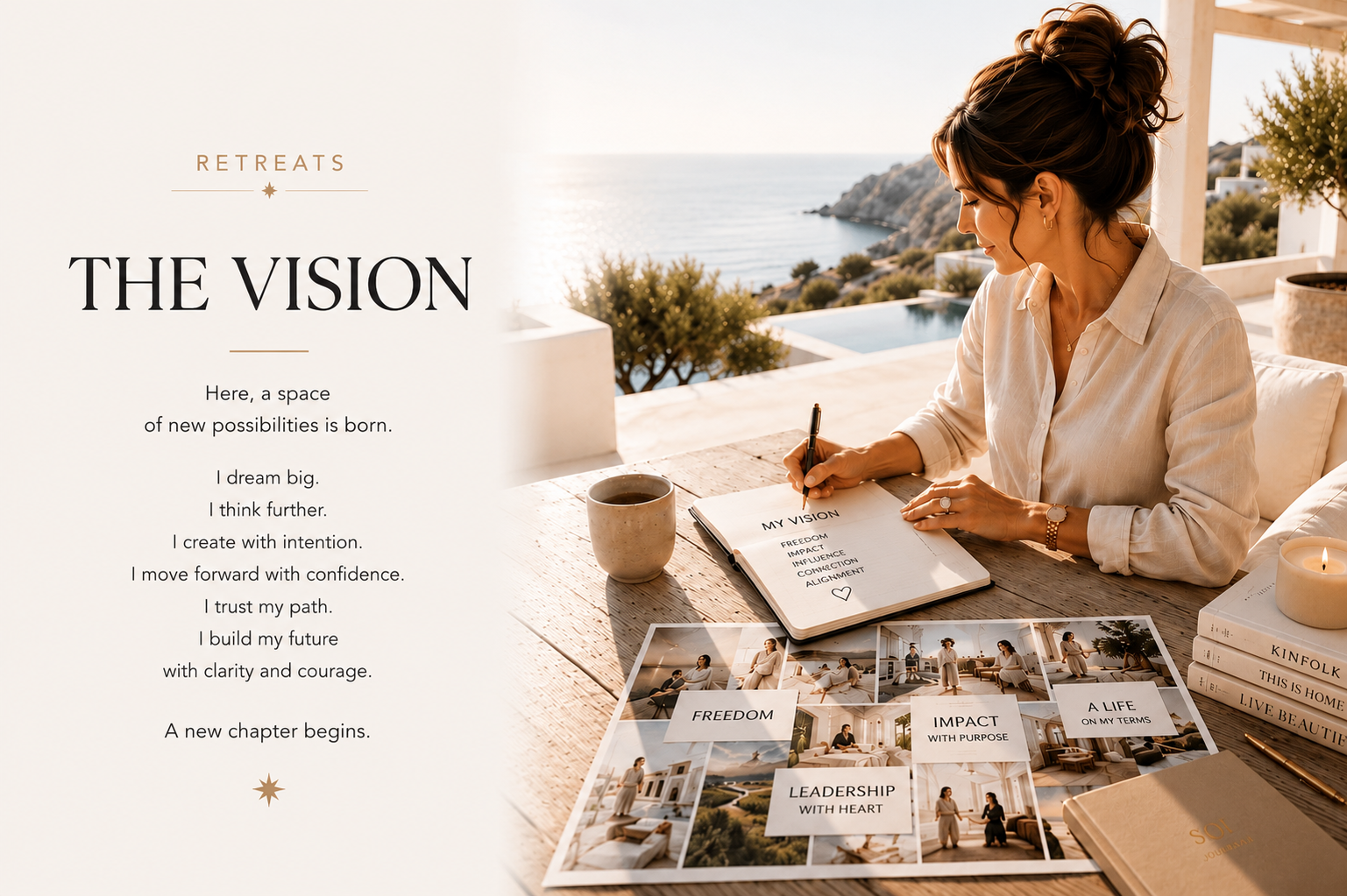 A woman sits on a sunlit terrace overlooking the sea, writing her personal vision in a notebook while inspirational cards and notes are spread across the table. The image represents clarity, future vision, intentional decision-making, personal growth and creating a meaningful future during a SHEJA Retreat.