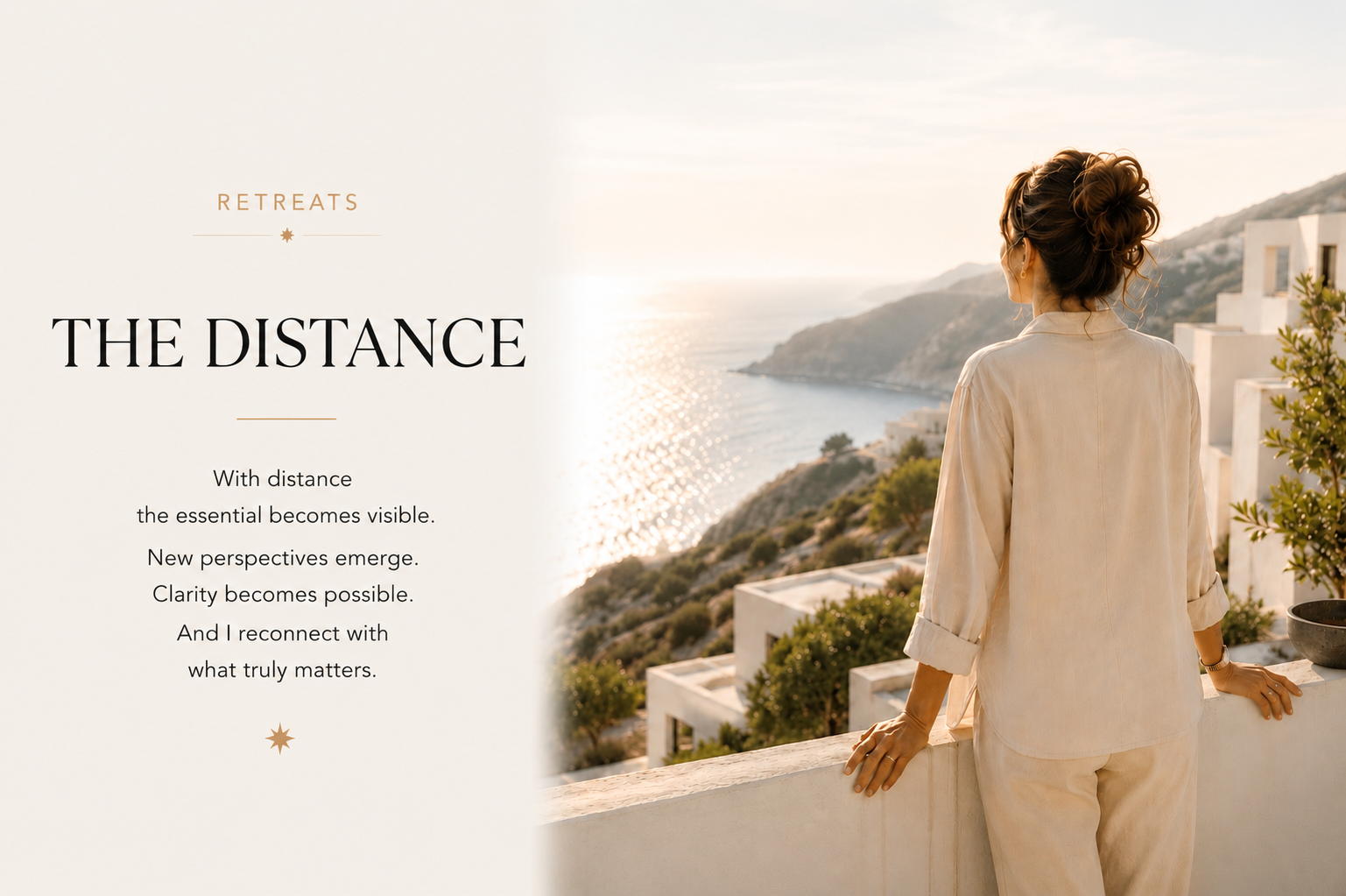 A woman stands quietly on a sunlit terrace overlooking the sea and coastline, gazing into the distance. The image represents inner calm, perspective, clarity, mindful reflection and stepping back from everyday life during a SHEJA Retreat.