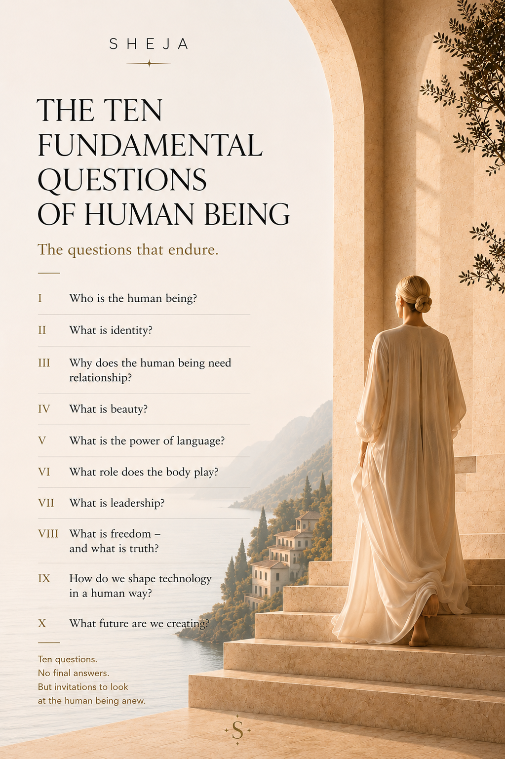 Les Dix Canons constituent le fondement éthique et philosophique de SHEJA. Ils réunissent l'humanité, l'identité, les relations, la beauté, le langage, le corps, le leadership, la vérité, la technologie et l'avenir dans un cadre intemporel destiné au développement personnel, au leadership conscient et à une culture profondément humaine.