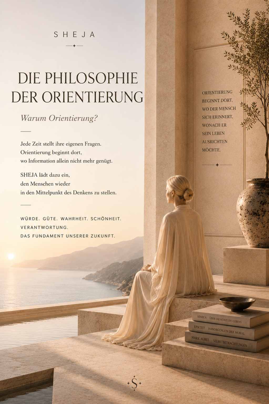 SHEJA Philosophie – geistiges Fundament Eine Frau sitzt in einem lichtdurchfluteten, minimalistischen Raum mit Blick auf das Meer und verkörpert Ruhe, Präsenz und Selbstführung. Die Szene symbolisiert die Philosophie des Menschseins von SHEJA, innere Klarheit, menschliche Würde, bewusstes Leadership, persönliche Entwicklung und eine zukunftsorientierte Haltung.
