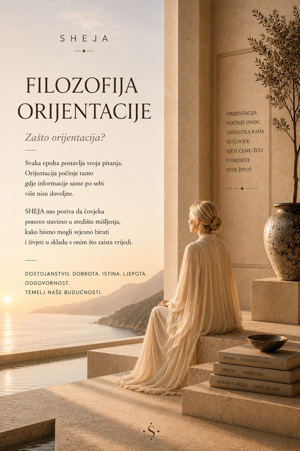 Žena mirno sjedi u svijetlom minimalističkom prostoru s pogledom na more. Fotografija simbolizuje čovječnost, unutrašnju jasnoću, dostojanstvo, svjesno liderstvo, lični razvoj, ljudski potencijal i filozofiju čovjeka koju predstavlja SHEJA.