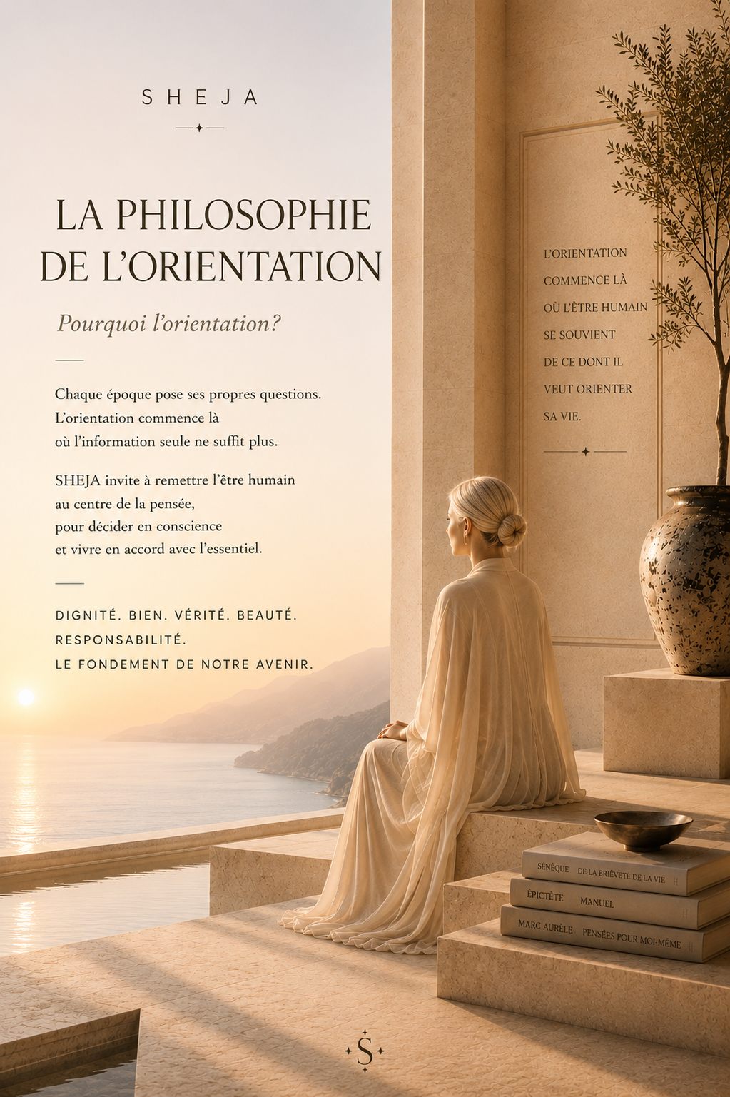 Une femme est assise dans un espace minimaliste baigné de lumière face à la mer. Cette scène évoque la présence, la sérénité, le leadership de soi, la dignité humaine, le développement personnel, la conscience de l'avenir et la philosophie de l'être humain portée par SHEJA.
