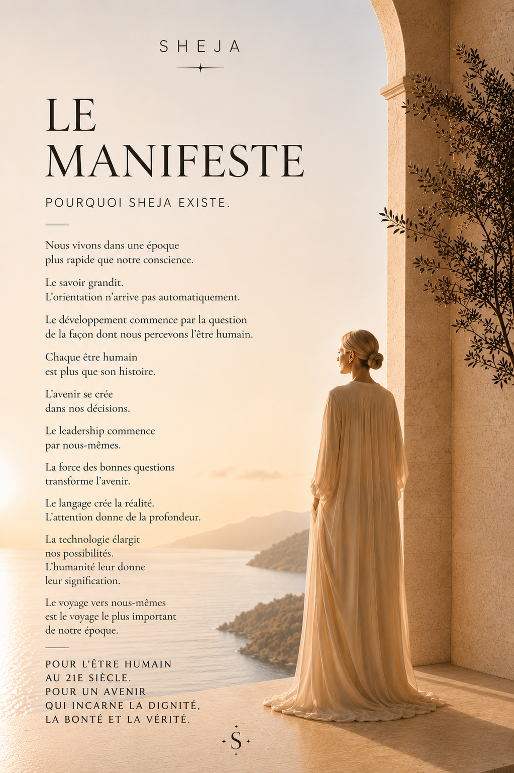 Une femme se tient dans un espace minimaliste baigné de lumière, face à la mer et tournée vers l'horizon. Cette image symbolise le Manifeste SHEJA, le leadership conscient, la dignité humaine, le développement personnel, la responsabilité, la conscience de l'avenir et la force des décisions porteuses de sens.