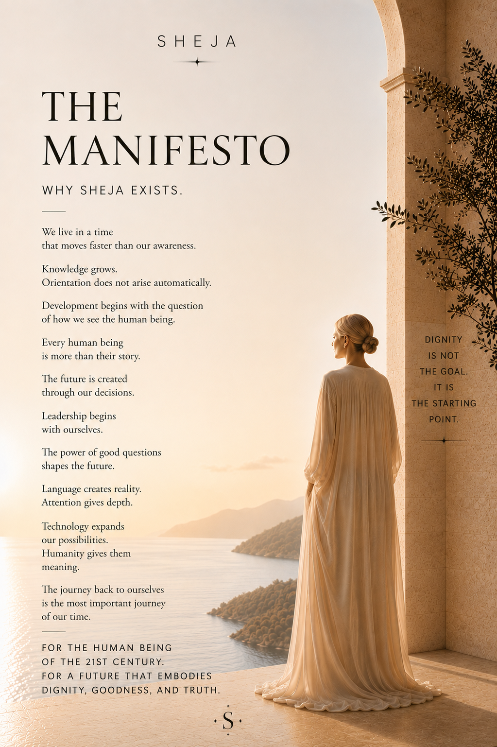 A woman stands peacefully in a bright minimalist space overlooking the sea, gazing toward the horizon. The image represents the SHEJA Manifesto, conscious leadership, humanity, personal growth, future awareness, inner clarity, responsibility and purposeful decision-making.