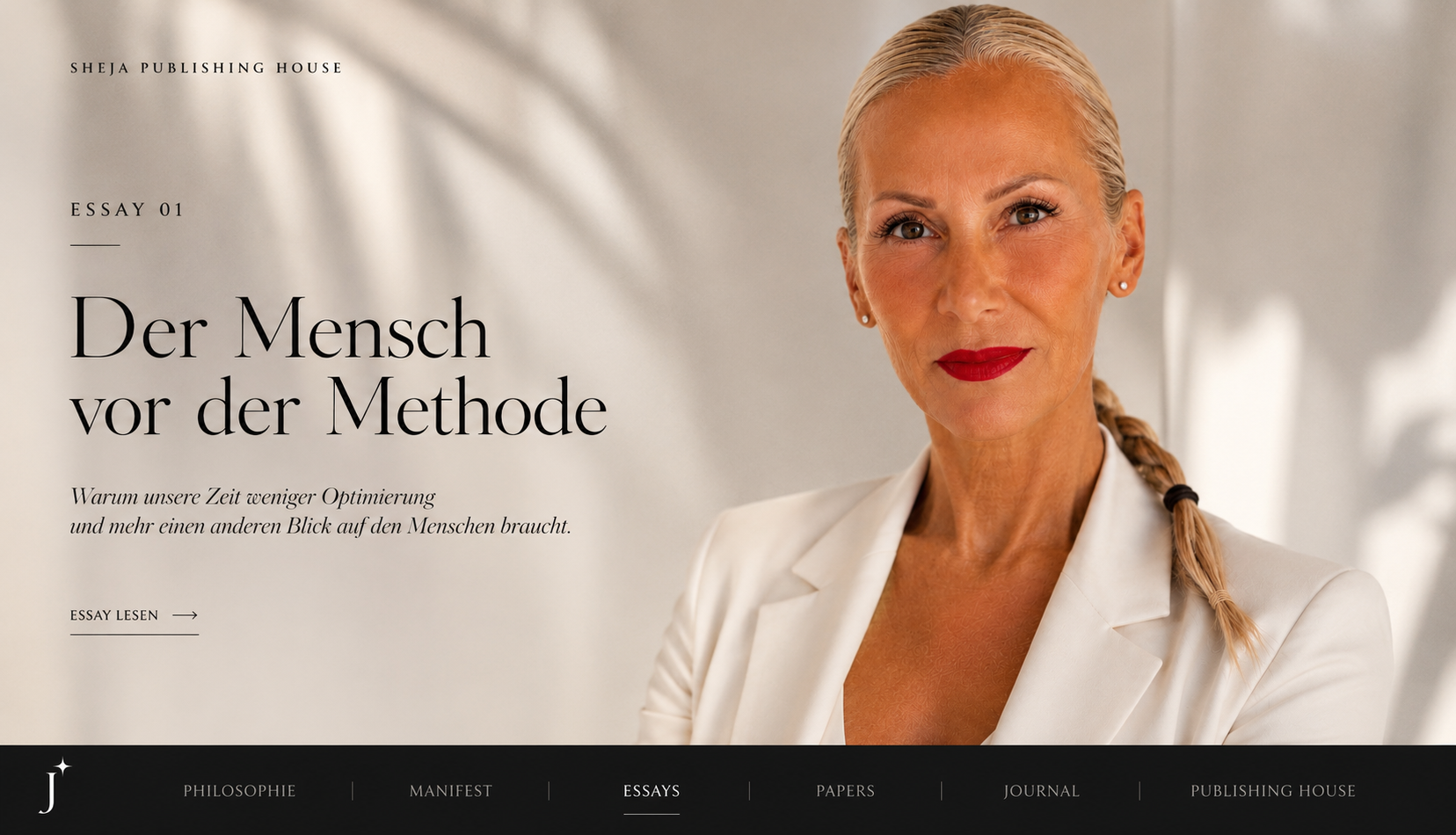 Ruhiges Editorial-Porträt von Jelica Stanojlović als Einstieg in den Essay „Der Mensch vor der Methode“. Das Bild steht für Orientierung, Würde und die Verbindung von äußerem Leben und innerer Wirklichkeit.