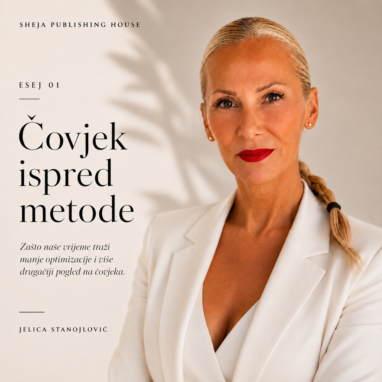 Portret Jelice Stanojlović na završetku eseja „Čovjek ispred metode“. Fotografija prati završni poziv da preispitamo vlastitu stvarnost i čovjeka sagledamo na novi način.