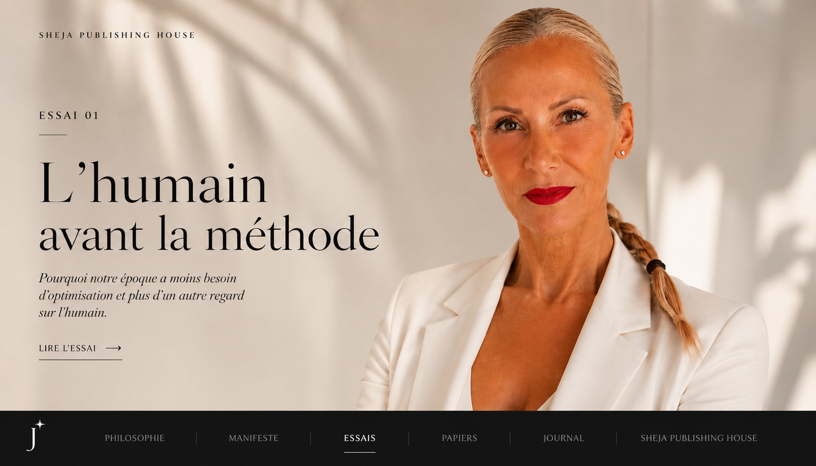 Portrait éditorial de Jelica Stanojlović portant un blazer blanc. Image d'ouverture de l'Essai 01 du SHEJA Publishing House, consacré à l'orientation, à la réalité intérieure et à un nouveau regard sur l'être humain.