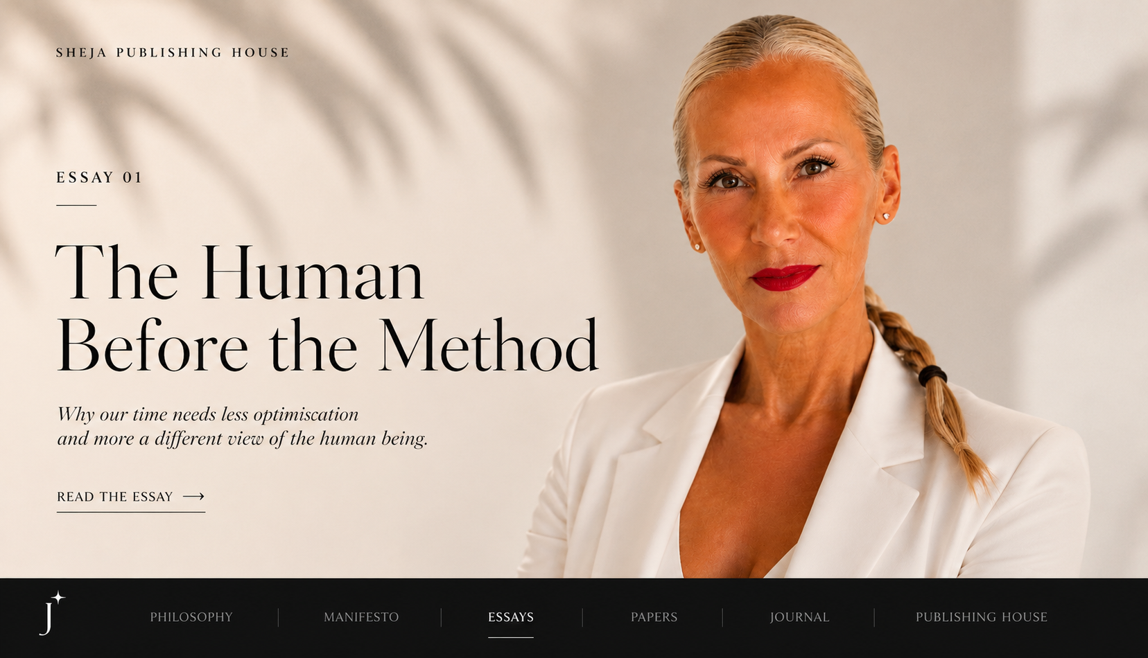 Editorial portrait of Jelica Stanojlović wearing a white blazer. Hero image for SHEJA Publishing House Essay 01, “The Human Before the Method,” exploring orientation, inner reality, and a different way of seeing the human being.
