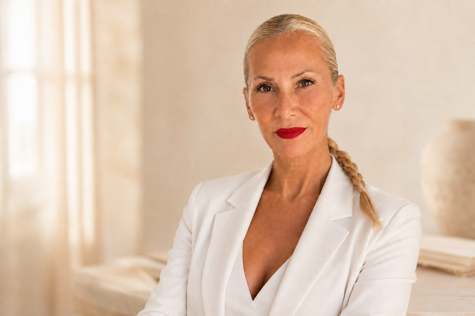 Portret Jelice Stanojlović u bijelom odijelu, u toplom i svijetlom ambijentu, za prvo SHEJA Pismo.